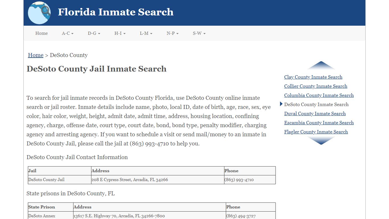 DeSoto County FL Jail Inmate Search